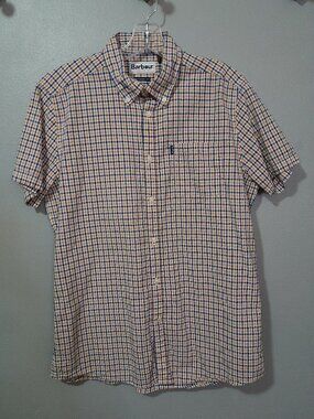 Barbour Checkered Short Sleeve Cotton Button Down Orange Blue Mens Small